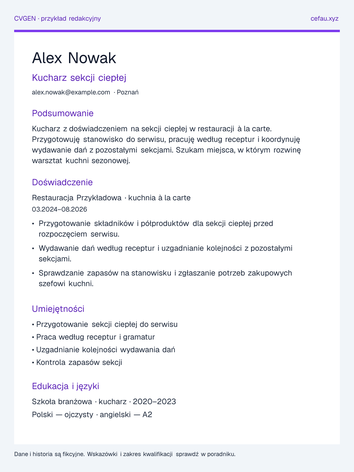 Przykładowy układ CV: Kucharz, sekcje podsumowania, doświadczenia, umiejętności i edukacji