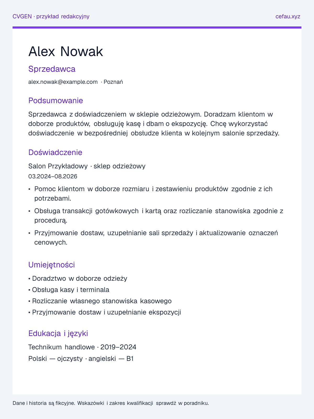 Przykładowy układ CV: Sprzedawca, sekcje podsumowania, doświadczenia, umiejętności i edukacji